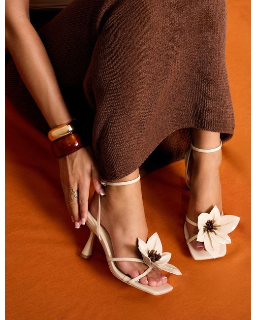 Public Desire Black Hydrangea Stone Patent Flower Barely There Square Toe Mid Heels