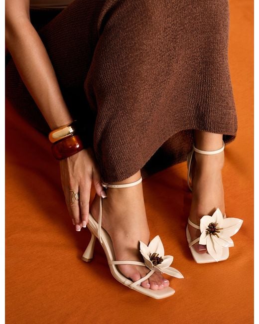 Public Desire Black Hydrangea Stone Patent Flower Barely There Square Toe Mid Heels