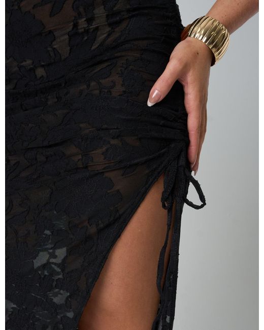 Public Desire Tie Detail Textured Floral Split Maxi Skirt Black