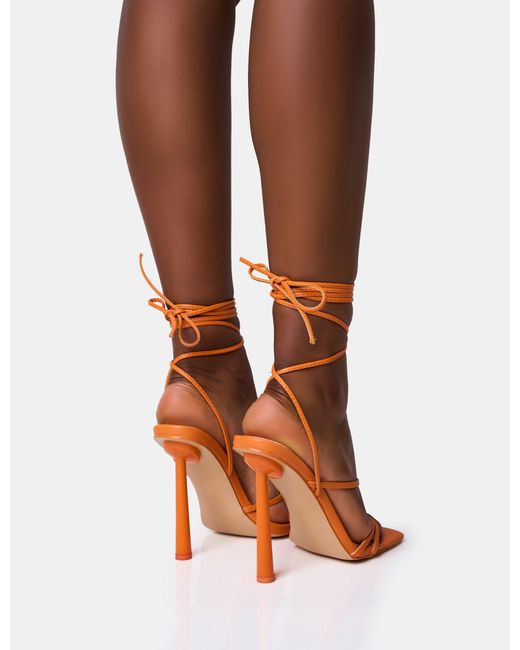 Public Desire Brown Bad Gal Orange Strappy Lace Up Square Toe Heels