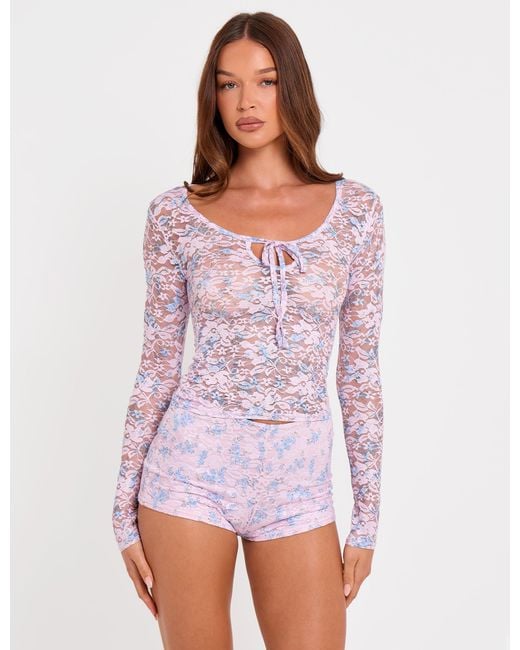 Public Desire Long Sleeve Sheer Printed Floral Lace Scoop Neck Top Pink