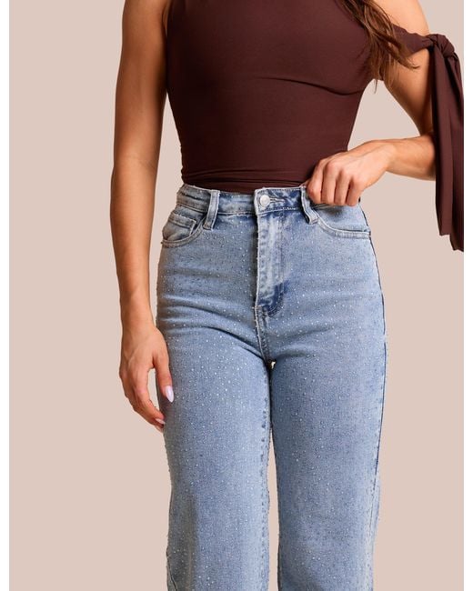 Public Desire Clear Diamante Straight Fit High Rise Denim Blue Jeans