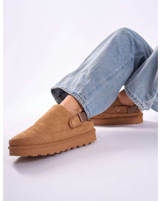 Public Desire Blue Goldie Chesnut Faux Fur Lined Mules