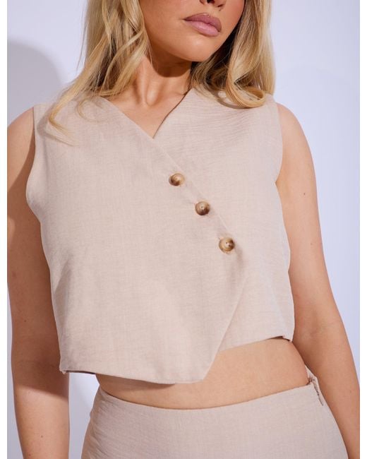 Public Desire Pink Linen Look Asymmetric Button Down Waistcoat Co-ord Beige
