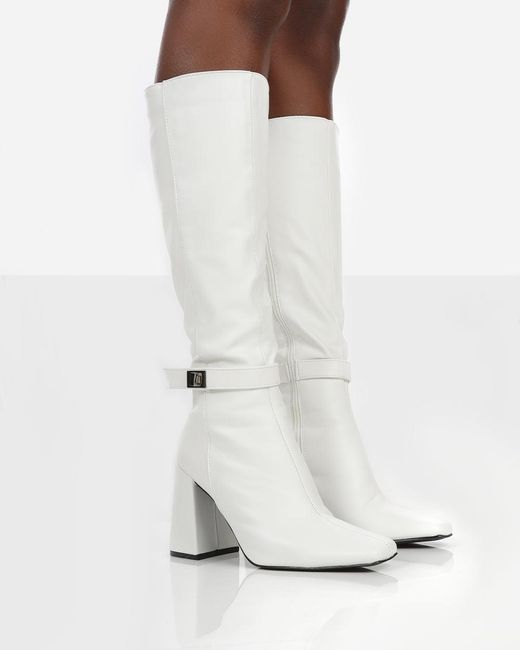 Public Desire Apologetic White Pu Knee High Block Heel Boots in Blue | Lyst