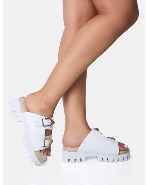 Public Desire Equinox White Chunky Jute Detail Buckle Flatform Sandals