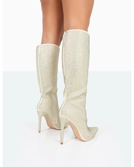 Public Desire White Lexi Gold Diamante Stiletto Knee High Boots