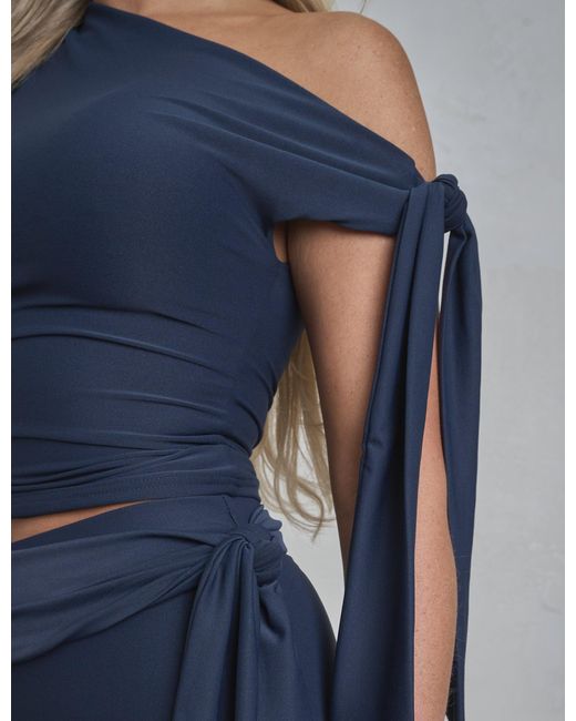 Public Desire Blue Knot Detail Asymmetric One Shoulder Luxe Slinky Top Navy
