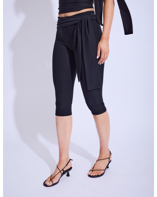 Public Desire Blue Knot Detail Tie Side Luxe Slinky Capri Pants Black
