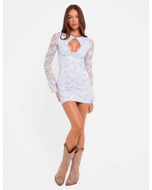 Public Desire White Flared Long Sleeve Floral Lace Mini Dress Blue