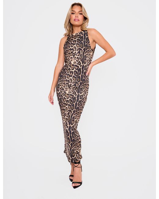 Public Desire Pink High Neck Cowl Back Maxi Dress Leopard