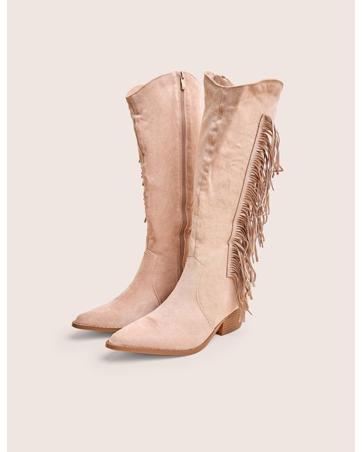 Public Desire Natural Tucker Beige Faux Suede Knee High Tassle Detail Western Boots
