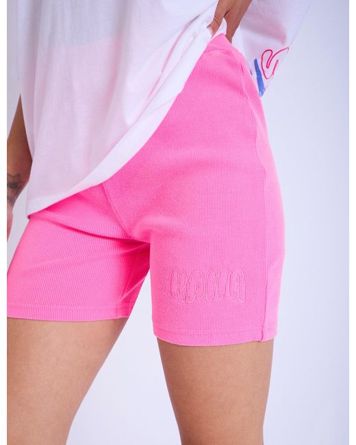 Public Desire Kaiia Embroidered Bubble Logo Ribbed Cycling Shorts Bright Pink