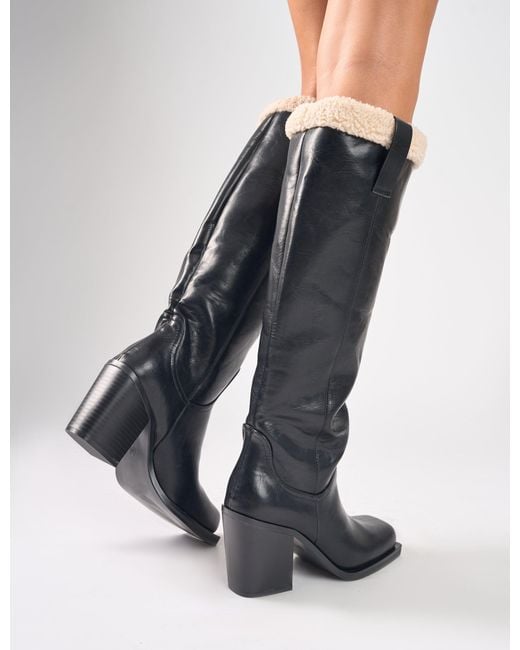 Public Desire Colden Vintage Black Fur Trim Block Heel Knee High Boots
