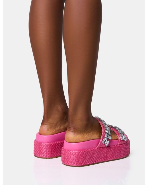 Public Desire Duchess Pink Raffia Double Strap Embellished Platform Slider Sandals