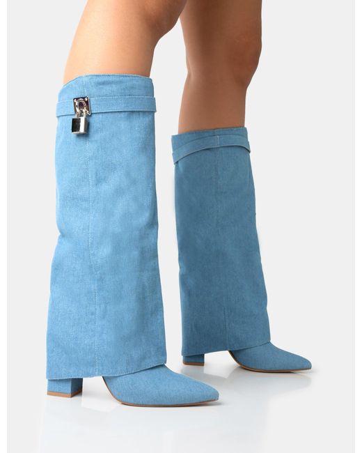 Public Desire Echo Blue Denim Padlock Detail Fold Over Pointed Toe Knee High Boots