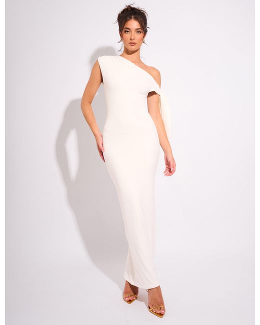 Public Desire Knot Detail Asymmetric One Shoulder Luxe Slinky Maxi Dress White