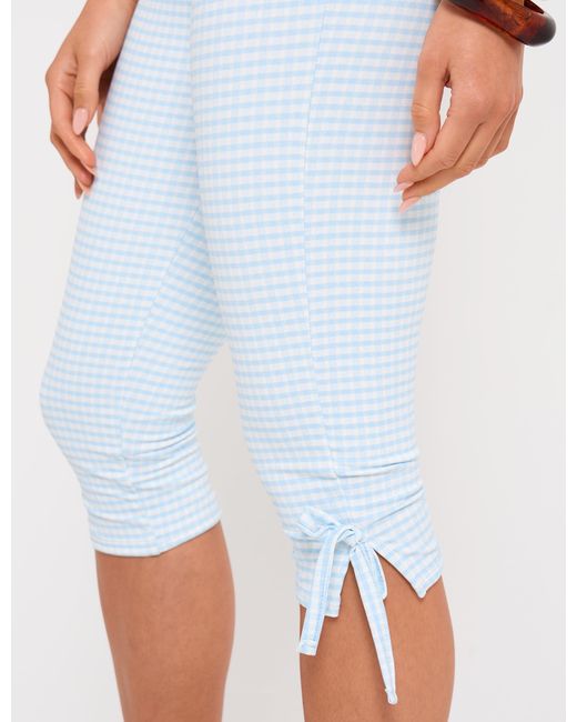 Public Desire Natural Gingham Lace Trim Capri Pant With Bow Tie Blue And White