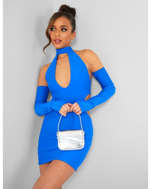 Public Desire High Neck Cut Away Long Sleeve Mini Dress Cobalt Blue