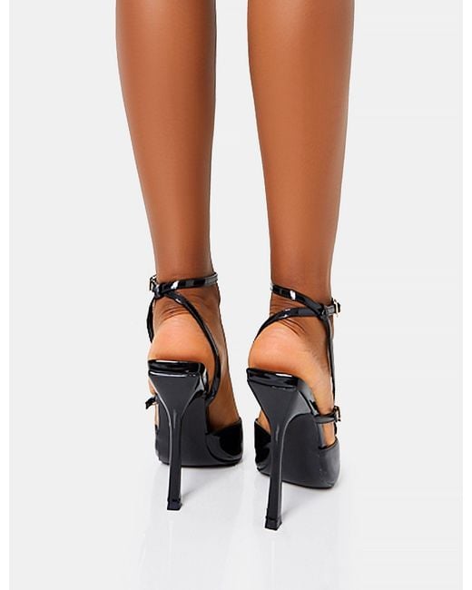 Public Desire Idol Black Patent Buckle Strappy Detail Stiletto Pointed To  Court High Heels