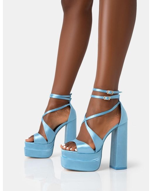 Public Desire Breanna Wide Fit Baby Blue Satin Strappy Ankle Extreme Double Platform Block Heels