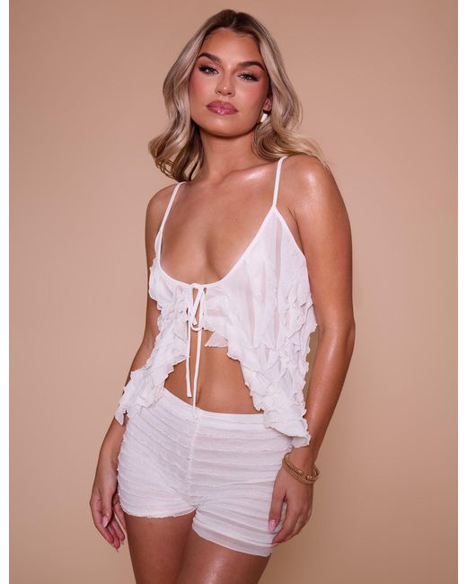 Public Desire White Ruffle Detail High Waist Mini Shorts Cream