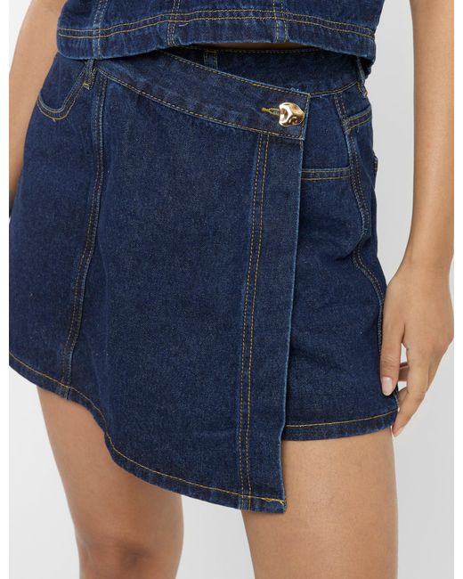 Public Desire Front Wrap Denim Skort Dark Blue