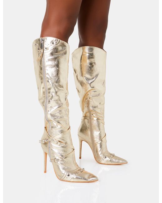 Public Desire White Worthy Metallic Gold Studded Zip Detail Stiletto Knee High Boots