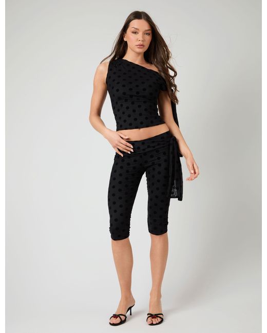 Public Desire Knot Detail Asymmetric One Shoulder Polka Dot Devore Top Black