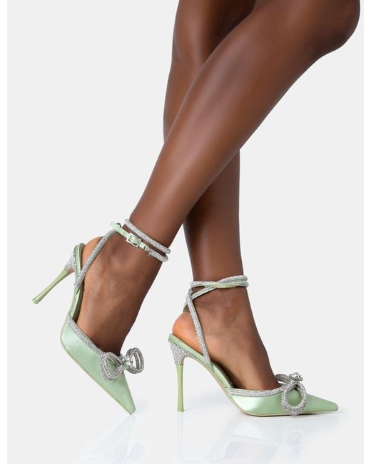 Public Desire Brown Midnight Sage Satin Wrap Around Diamante Bow Pointed Toe High Heels