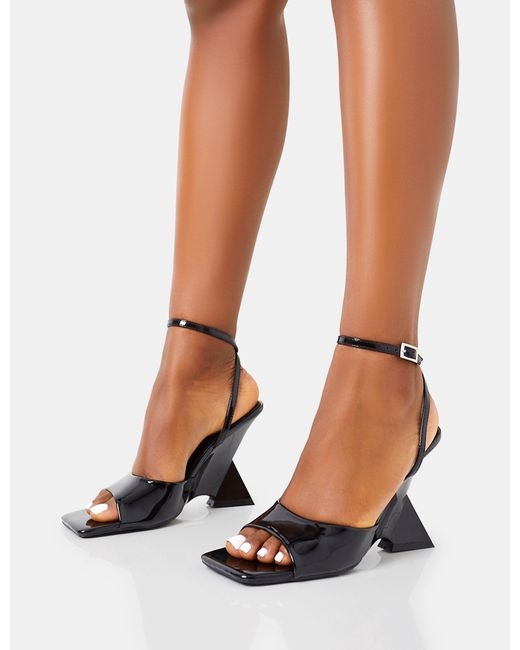 Public Desire Twin Flame Black Patent Wrap Around Barely There Inverted Wedged Square Toe High Heels