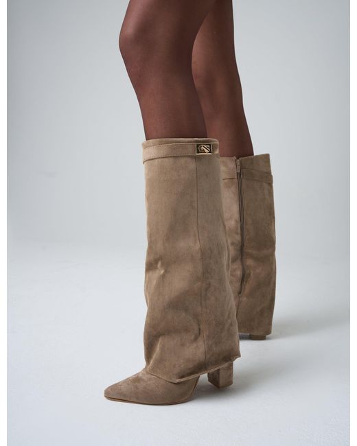 Public Desire Brown Say Yes Beige Faux Suede Padlock Fold Over Knee High Boots