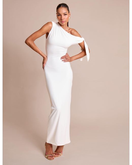 Public Desire Knot Detail Asymmetric One Shoulder Luxe Slinky Maxi Dress White