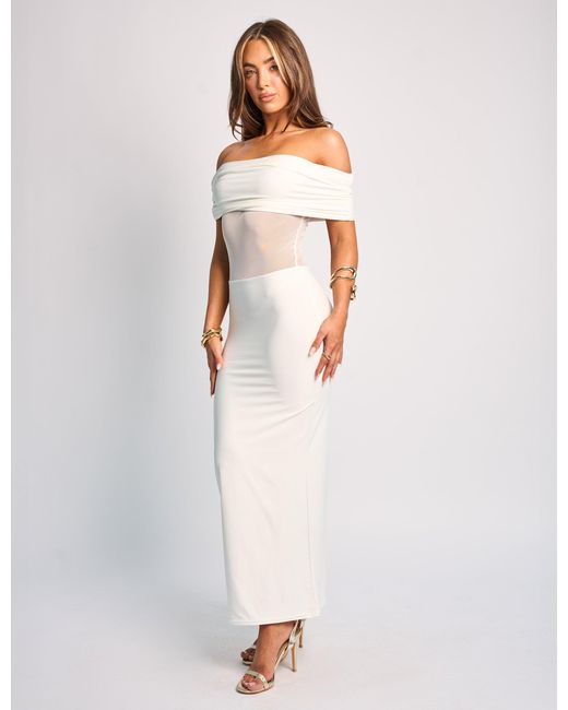 Public Desire Off Shoulder Mesh Insert Maxi Dress White