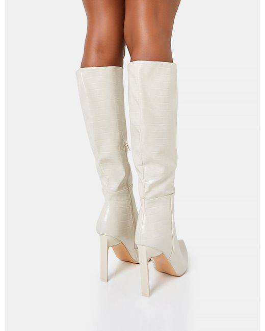 Public Desire White Unite Ecru Croc Pointed Toe Knee High Block Heeled Boots