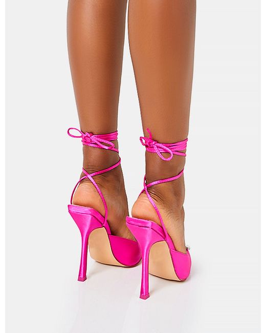 Public Desire Lover Hot Pink Satin Love Heart Diamante Broach Slingback Lace Up Pointed Court Stiletto Heels