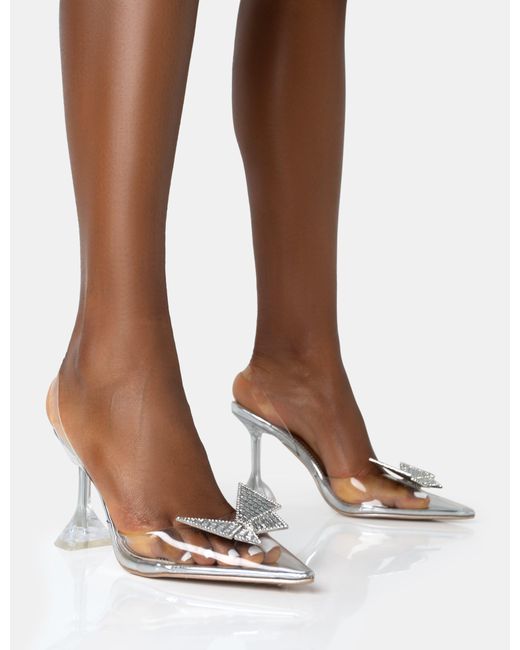 Public Desire Brown Stormi Silver Metallic Butterfly Diamante Slingback Pointed Court Stiletto Heels