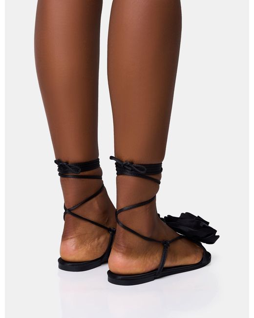 Public Desire Brown Magnolia Black Flower Corsage Lace Up Flat Sandals