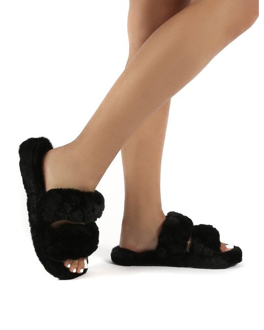 fluffy two strap slippers