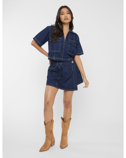 Public Desire Front Wrap Denim Skort Dark Blue