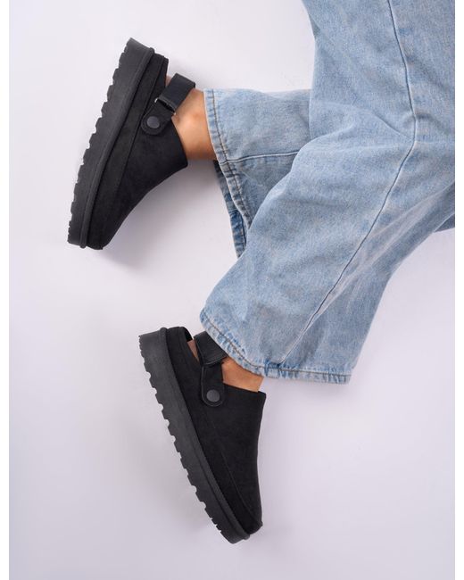 Public Desire Blue Goldie Black Faux Fur Lined Mules