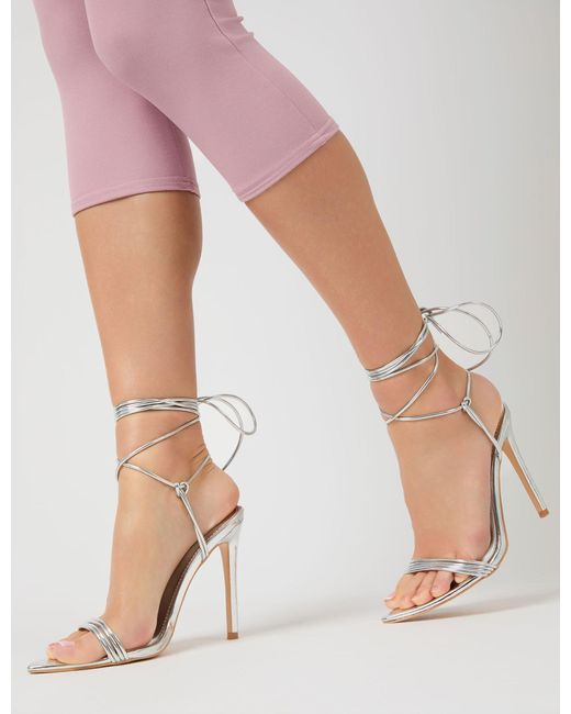 Public Desire Natural Merlot Mirror Silver Pu Lace Up Wrap Around Pointed Toe Stiletto Heels