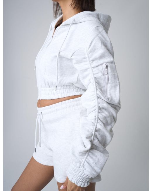 Public Desire White Ruched Sleeve Zip Up Cropped Hoodie Grey Marl