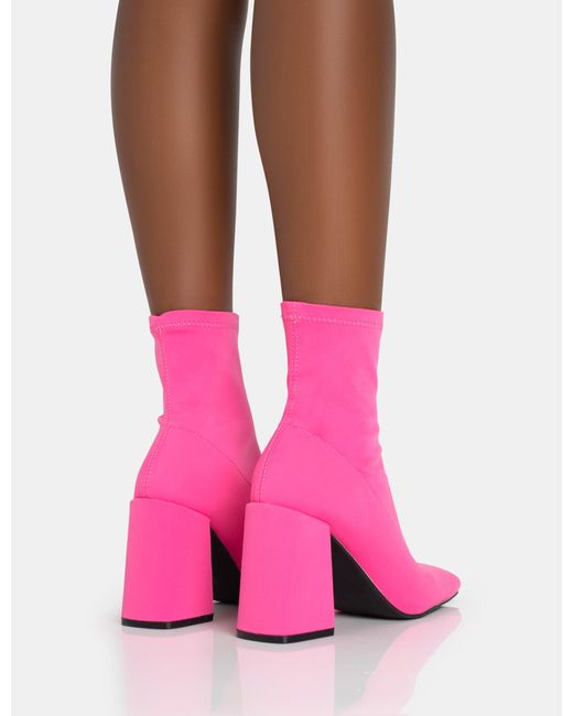 Public Desire Delani Hot Pink Neoprene Zip Up Rounded Pointed Toe Block Heel Ankle Boots