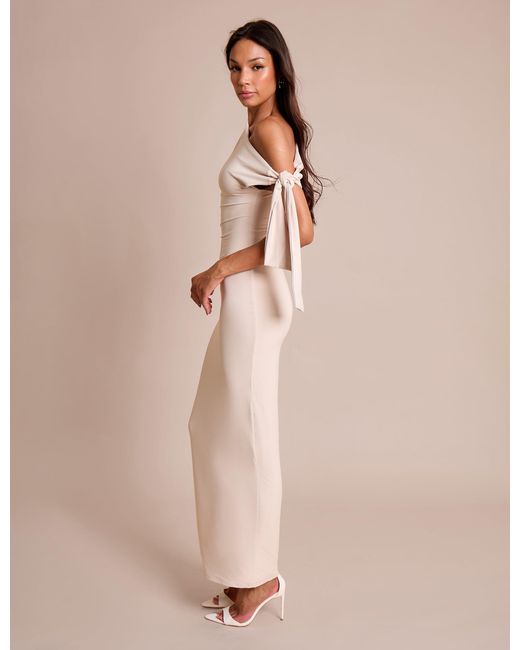 Public Desire Natural Knot Detail Asymmetric One Shoulder Luxe Slinky Maxi Dress Stone