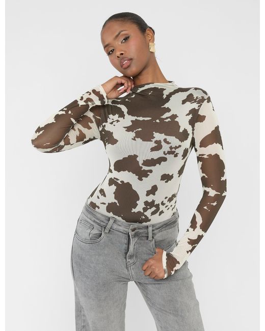 Public Desire Gray Long Sleeve High Neck Bodysuit Cow Print