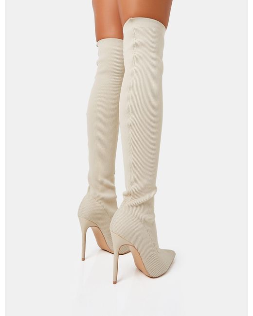 Public Desire Chateau Off White Knitted Sock Stiletto Over The Knee Pointed Toe Boots