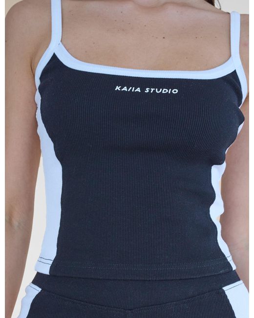 Public Desire Blue Kaiia Studio Contrast Panel Ribbed Vest Top Black & White