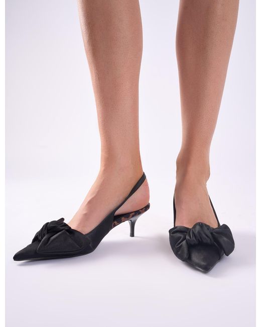 Public Desire Iris Black Bow Detail Satin Black Sling Back Kitten Heel Court Shoes