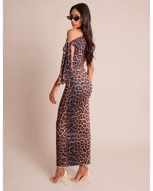 Public Desire Natural Knot Detail Asymmetric One Shoulder Luxe Slinky Maxi Dress Leopard